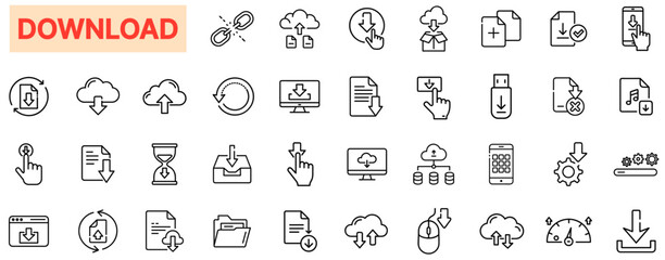 Download & File Transfer Icon Set – Cloud Storage, Data Sync, Digital Files, Internet Transfer, Upload, Download Button, USB, Document Management, Software Update, Network Connection