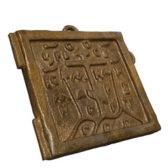 3D rendered aged stone tablet with engraved ancient symbols isolated on transparent background