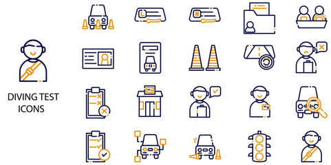 Driving Test simple concept 24 color icons set. Contains such street, highway, traffic light, signpost, directions, parking, route, GPS, drive, crosswalk, intersection .Vector illustration.