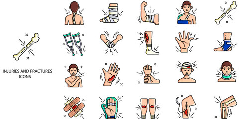 Injuries and Fractures simple concept 24 color icons set. Contains such injury, bone, break, trauma, healing .Vector illustration.