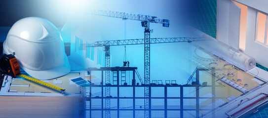 Construction background. Architect helmet. Silhouette of house under construction. Sunset near architectural line. Construction and engineering. Template for architectural bureau.