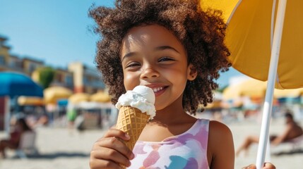 Girl enjoying ice cream on beach.