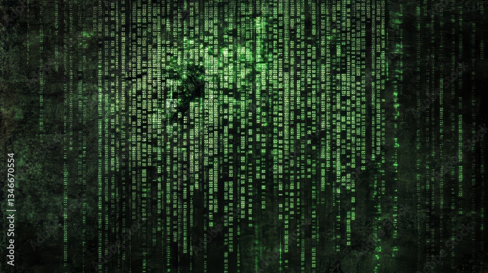 Aufkleber Abstract green digital code cascading down a dark background, resembling a data stream or matrix effect.