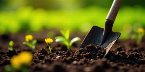 A small garden trowel gently turns rich dark soil, nurturing the growth of vibrant yellow wildflowers and tender green seedlings in a sun-drenched garden bed.