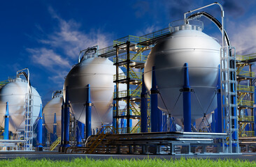 Chemical plant in the evening. Round hydrogen storage tanks.  Chemical industry.
