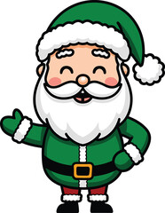 Cheerful Cartoon Santa in a Green Suit Pointing Left, Santa Claus cartoon vector art illustration 
