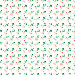 Seamless Floral Pattern with Green Leaves, Red Berries, and Yellow Accents on White