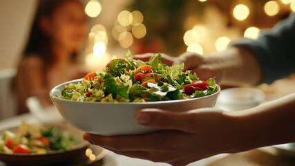 Hand passing fresh salad bowl at dinner table with warm bokeh lights - Powered by Adobe