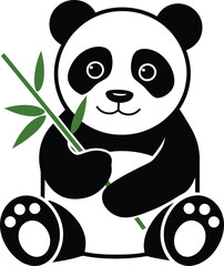 A minimalistic cartoon of a panda sitting on the ground and holding a bamboo stalk, panda and bamboo vector art illustration