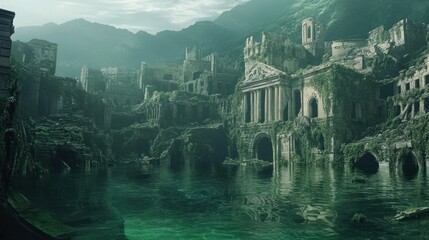 Ruined city submerged in a verdant, murky lagoon.  Overgrown, decaying architecture reflects in still water