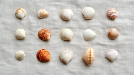 Coastal Grandma Style. Shells arranged in a grid pattern on a textured surface.