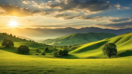 Naklejka premium A picturesque landscape featuring a lush green hillside bathed in warm sunlight,