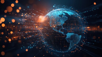A digital representation of the Earth with glowing data points and light trails, symbolizing global connectivity and technology.