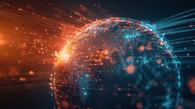 A digital representation of Earth surrounded by glowing data streams, illustrating technology, connectivity, and global communication.