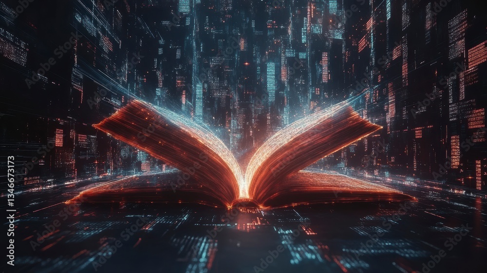 Poster Glowing digital book open in futuristic data space.