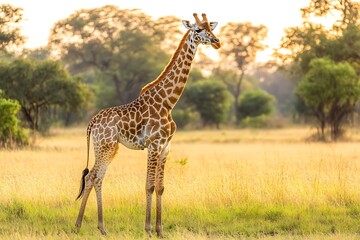 Obraz premium Giraffe in Golden Savanna Sunrise.