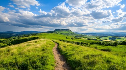 Obraz premium Scenic Hiking Trail Winding Through Lush Green Hills and Meadows under a Blue Sky