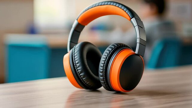 Modern headphones on wooden table in classroom setting