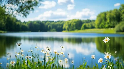 Tranquil summer lake with daisy flowers and clear blue sky