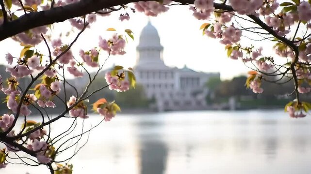 Cherry Blossoms Framing the Wisconsin State Capitol Building: Springtime Reflections on Lake Monona in Madison, Wisconsin
