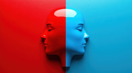 Obraz premium A split image featuring two profile faces, one red and the other blue, representing contrasting emotions or states of mind.