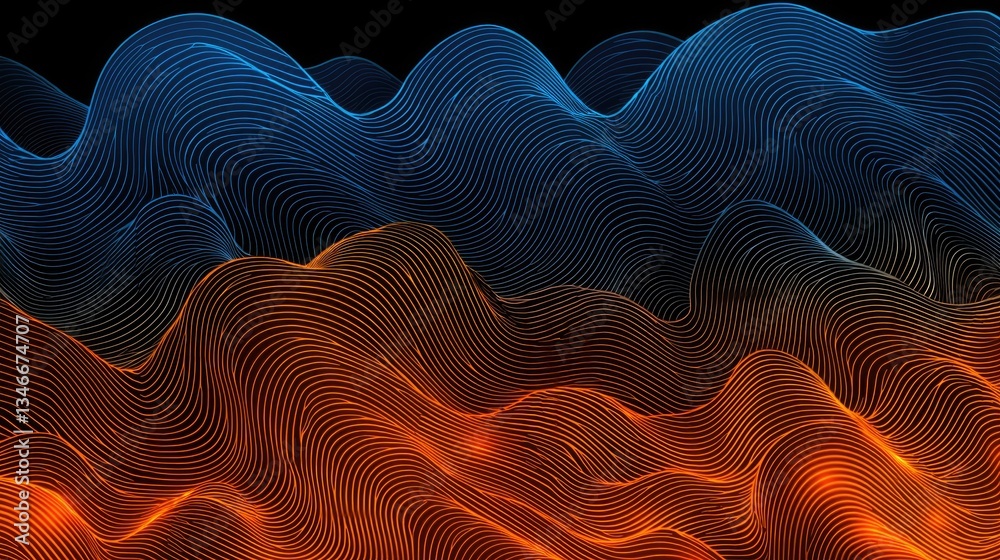 Poster dynamic waves of colorful lines abstract art digital background vibrant environment top-down view vi