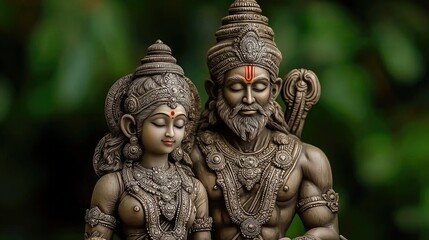 Fototapeta premium Divine sculpture representation of rama and sita indian temple art photography serene background close-up cultural significance