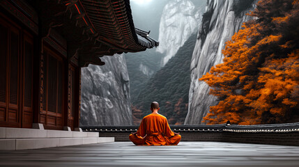 Buddhist monk meditating in temple