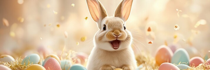 A cheerful bunny hops joyfully among beautifully painted pastel Easter eggs, creating a vibrant atmosphere that symbolizes the joy and celebration of the Easter holiday for everyone