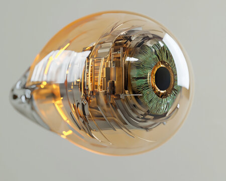 Bionic organ bioengineering design. Artificial organ. Robotic organ repair. Bionic eye technology with advanced vision capabilities in a futuristic setting.