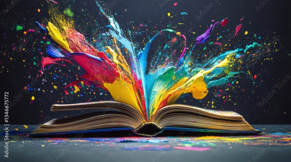 Poster Colorful paint explodes from an open book, symbolizing creativity and imagination.