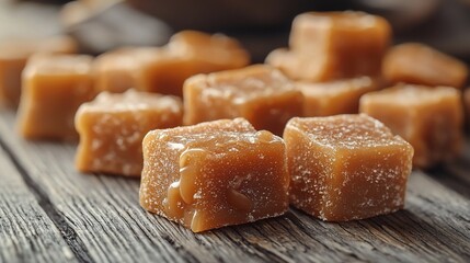 Delicious homemade caramel candies resting on a rustic wooden surface creating a sweet culinary delight
