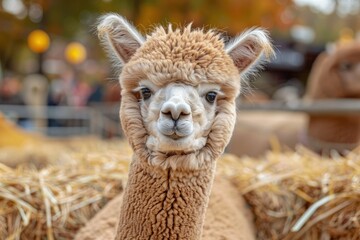 Obraz premium A close portrait of a fluffy alpaca looking directly at the viewer