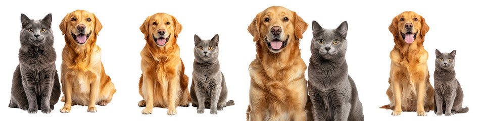 Fototapeta premium A diverse group of happy friendly dogs and cats posing together in a studio setting against a white background