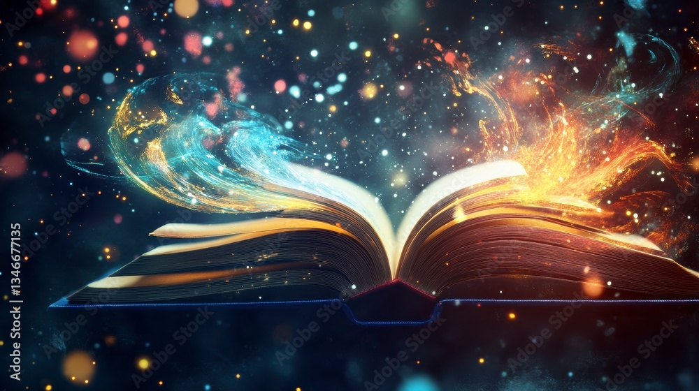 Poster open book with magical fire and water emanating from its pages, set against a dark background with s