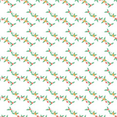 Seamless Pattern of Green Leaves and Red Flowers on a White Background
