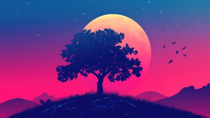 Naklejka premium Lone Tree Silhouette Under Full Moon with Night Landscape.