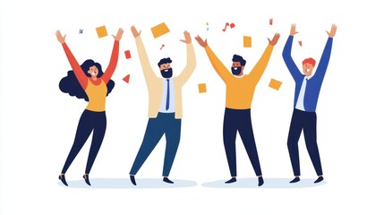 Obraz premium A vibrant illustration of four cheerful people celebrating with raised arms and colorful confetti, expressing joy and excitement.