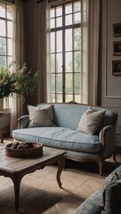 Elegant French country living room with fabric sofa and cozy pillows