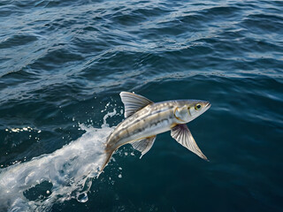 Fototapeta premium Majestic Fish's Leap: A dynamic image capturing a solitary fish in mid-air, showcasing its elegant form and powerful leap against the backdrop of the vast ocean.