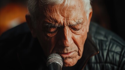 Close-Up Portrait of an Elderly Man Singing Emotionally into a Microphone in a Dimly Lit Environment