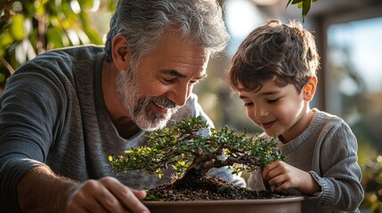 Grandfather and grandson bonding over bonsai tree cultivation in a bright, serene indoor garden setting