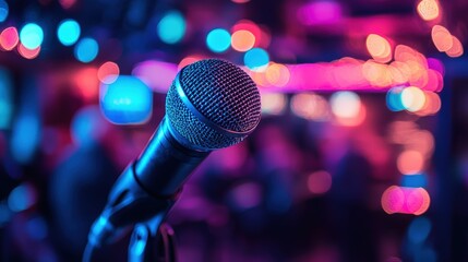 Close-up of Microphone with Colorful Blurred Background in a Vibrant Nightlife Setting
