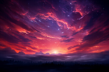 spectacle of a crimson moon, its hue piercing through delicate veil of wispy clouds, casting an enchanting glow upon nocturnal canvas