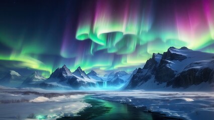Fototapeta premium A stunning nighttime scene featuring the northern lights (aurora borealis) swirling in vibrant green hues against a starry sky.