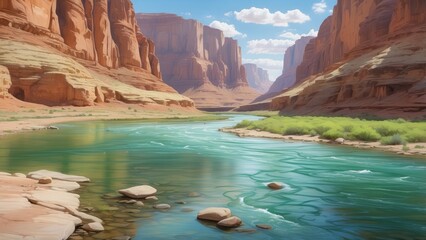 A tranquil river flows through a moss-covered rocky terrain in a dense,