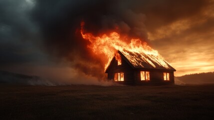 Dramatic house fire under stormy sky at sunset