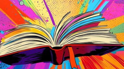Open book, vibrant background, abstract design, artistic, illustration