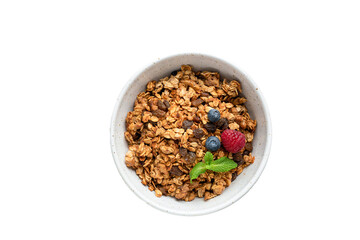 Granola bowl isolated on white background, top view