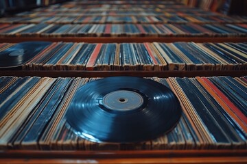 A close up view of a collection of vinyl records